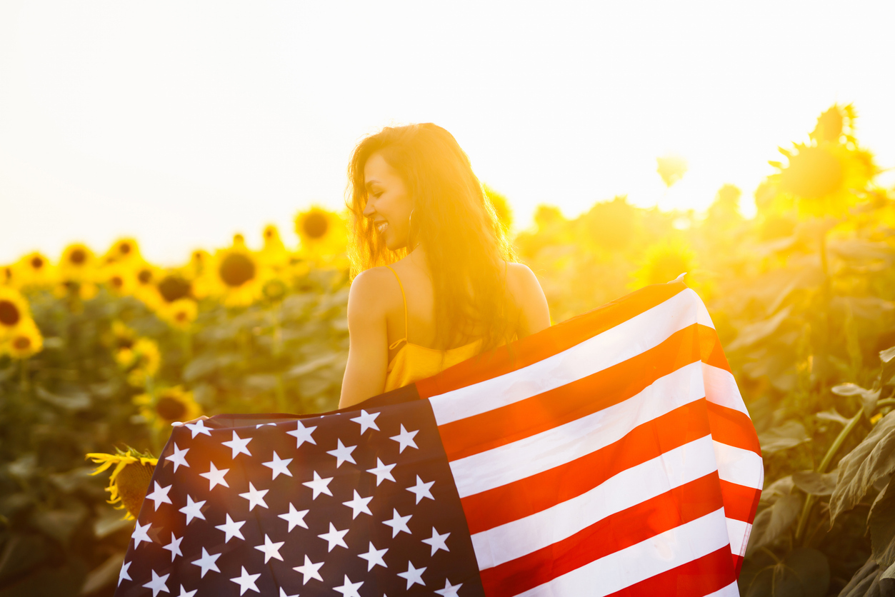 Sunflowers American Flag Sunshine Girl Smiling